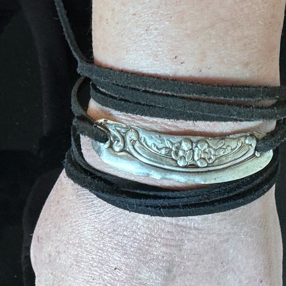 Sterling Silver Leather Cuff Bracelet Tie Wrap Yoga Antique 925 Boho Gift NWT - Picture 4 of 8